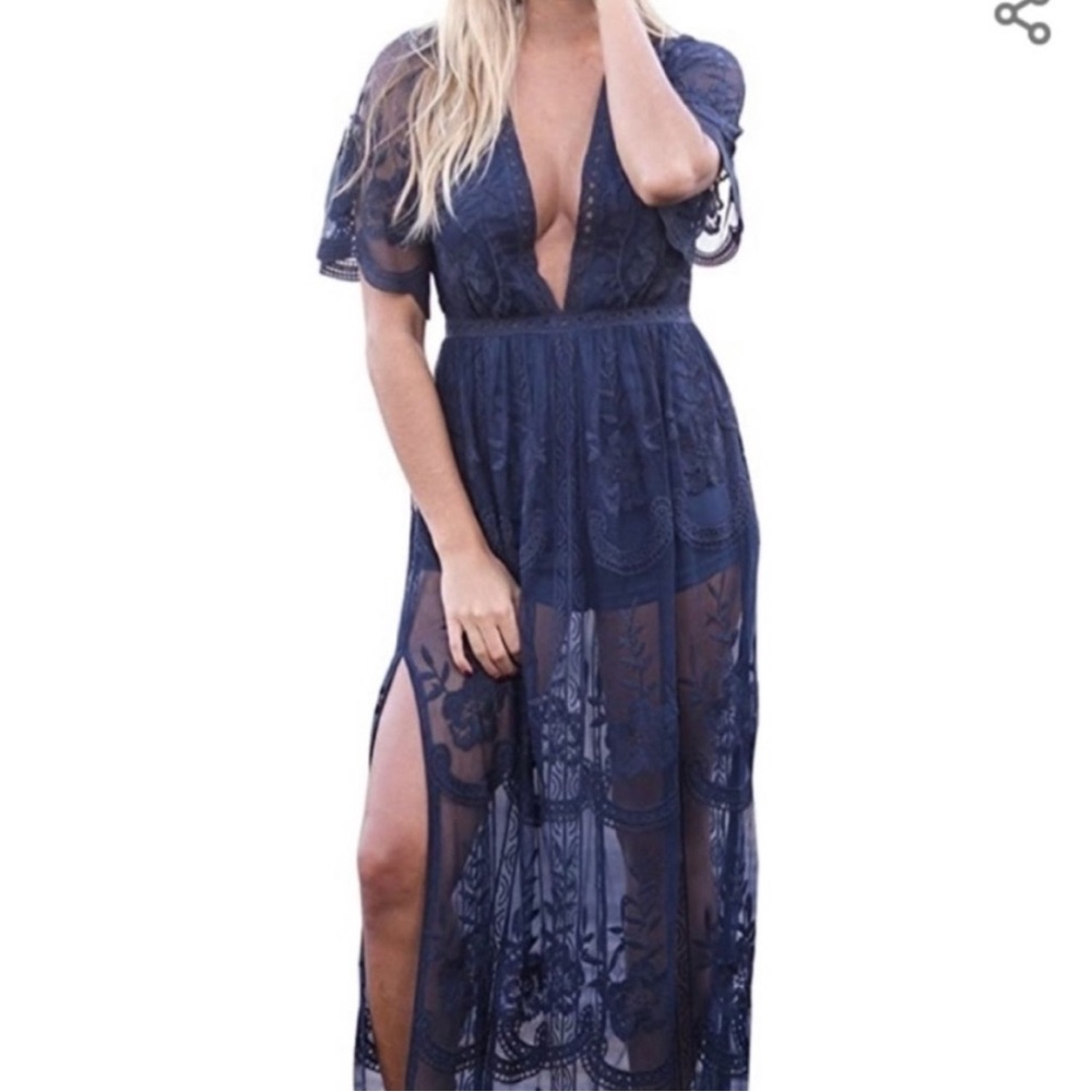 Midnight blue hand embroidered maxi dress w built in slip shorts vacation dress